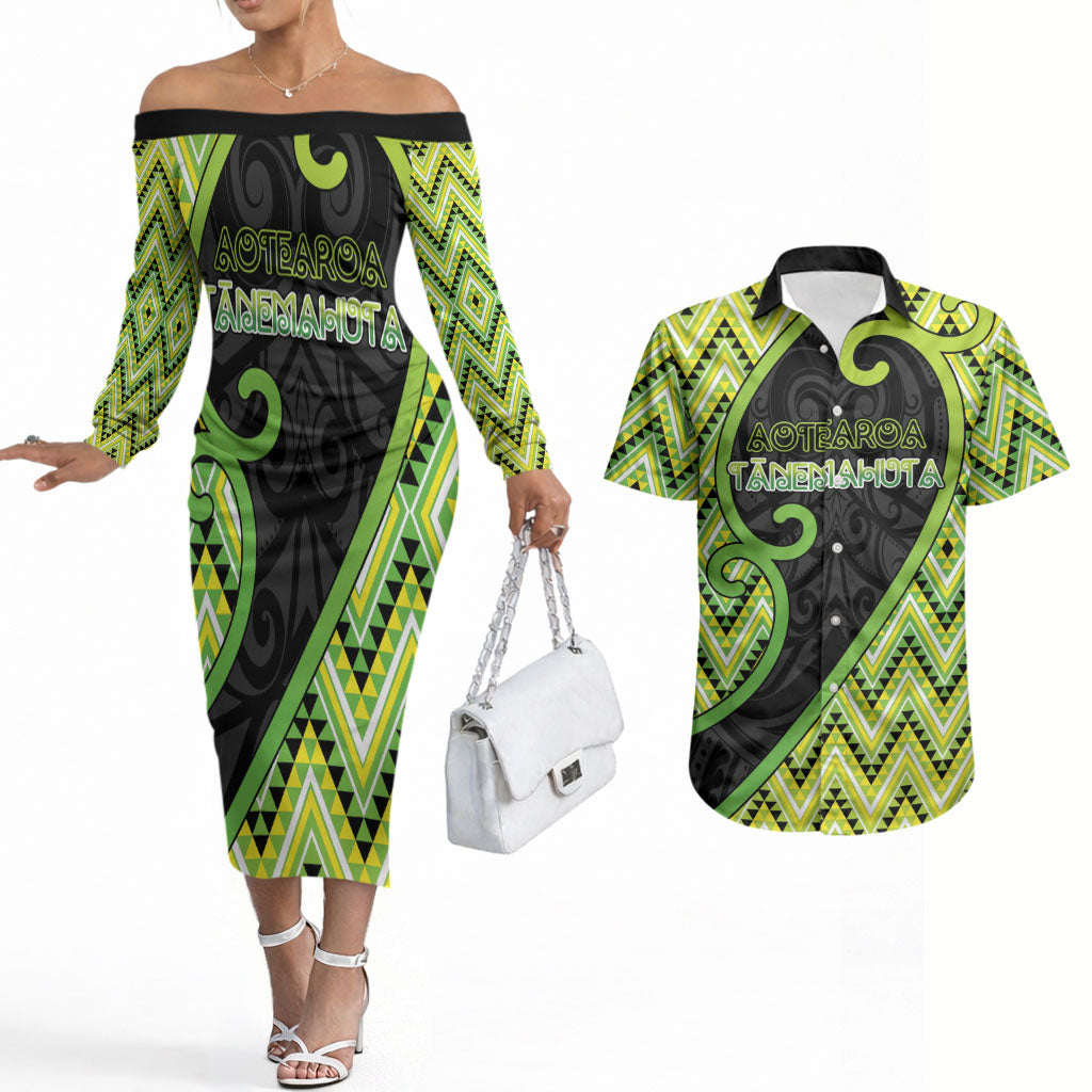 Custom Aotearoa Atua Tanemahuta Couples Matching Off The Shoulder Long Sleeve Dress and Hawaiian Shirt God Of Forests Koru Patterns Koru Patterns