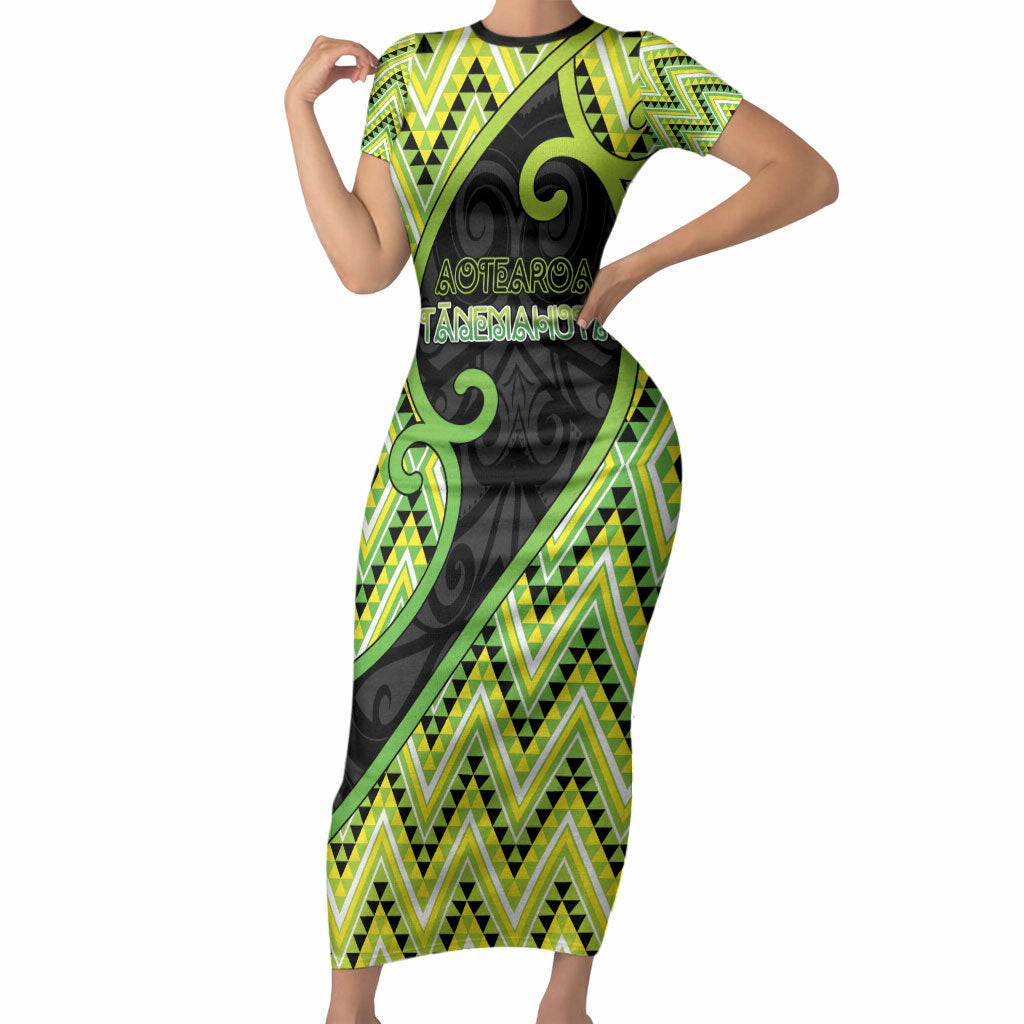 Custom Aotearoa Atua Tanemahuta Short Sleeve Bodycon Dress God Of Forests Koru Patterns Koru Patterns