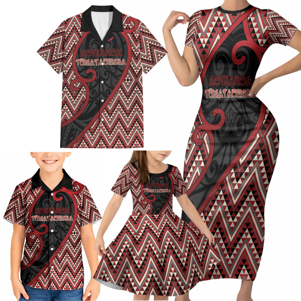 Custom Aotearoa Atua Tumatauenga Family Matching Short Sleeve Bodycon Dress and Hawaiian Shirt God Of War Koru Patterns