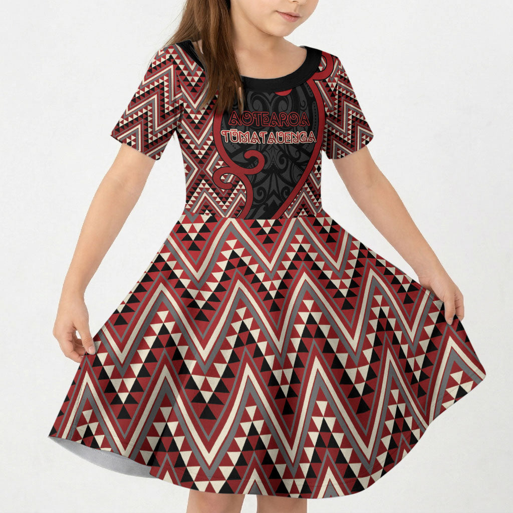 Custom Aotearoa Atua Tumatauenga Kid Short Sleeve Dress God Of War Koru Patterns