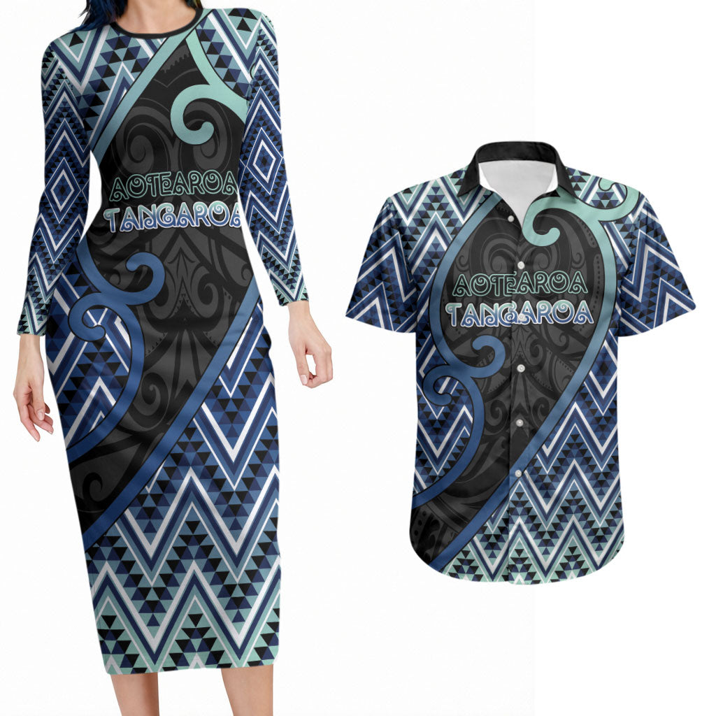 Custom Aotearoa Atua Tangaroa Couples Matching Long Sleeve Bodycon Dress and Hawaiian Shirt God Of Ocean Koru Patterns
