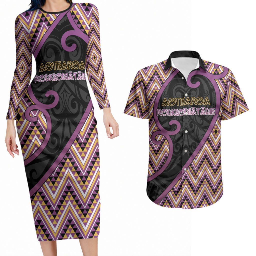 Custom Aotearoa Atua Rongomatane Couples Matching Long Sleeve Bodycon Dress and Hawaiian Shirt God Of Cultivated Foods Koru Patterns