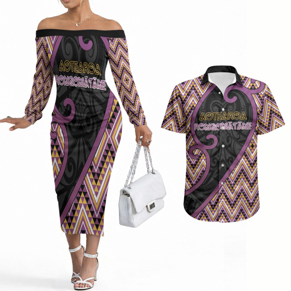 Custom Aotearoa Atua Rongomatane Couples Matching Off The Shoulder Long Sleeve Dress and Hawaiian Shirt God Of Cultivated Foods Koru Patterns