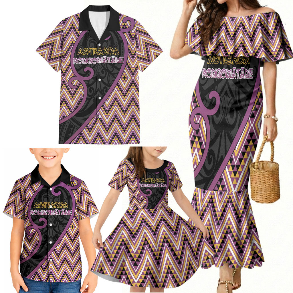 Custom Aotearoa Atua Rongomatane Family Matching Mermaid Dress and Hawaiian Shirt God Of Cultivated Foods Koru Patterns