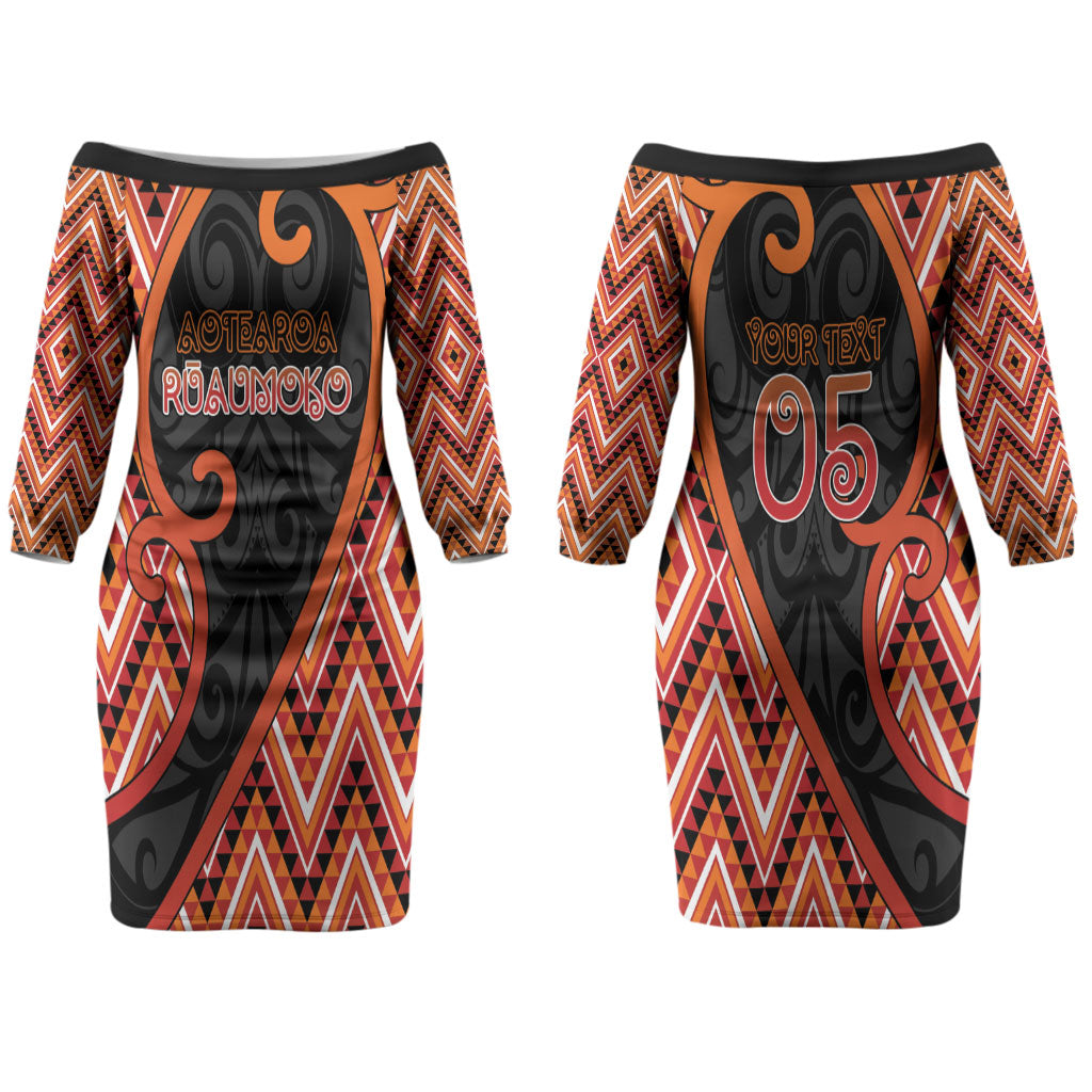 Custom Aotearoa Atua Ruaumoko Couples Matching Off The Shoulder Long Sleeve Dress and Long Sleeve Button Shirt God Of Volcanoes Koru Patterns