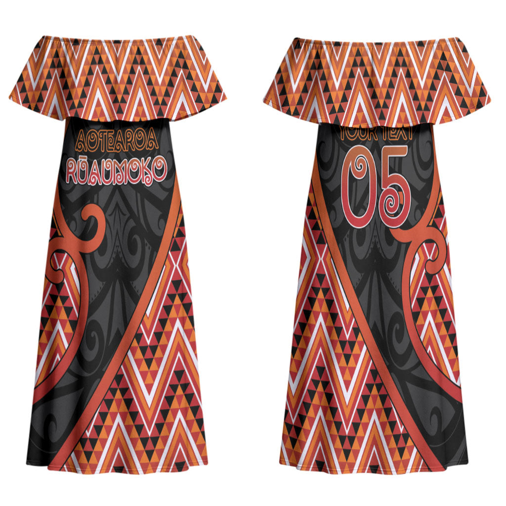 Custom Aotearoa Atua Ruaumoko Family Matching Off Shoulder Maxi Dress and Hawaiian Shirt God Of Volcanoes Koru Patterns
