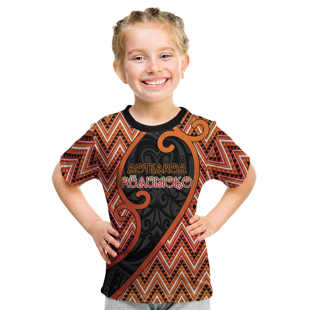 Custom Aotearoa Atua Ruaumoko Kid T Shirt God Of Volcanoes Koru Patterns