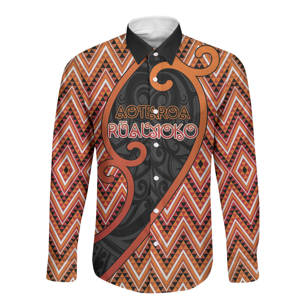 Custom Aotearoa Atua Ruaumoko Long Sleeve Button Shirt God Of Volcanoes Koru Patterns