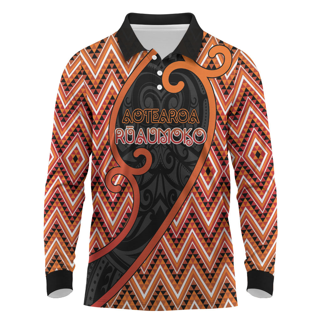 Custom Aotearoa Atua Ruaumoko Long Sleeve Polo Shirt God Of Volcanoes Koru Patterns