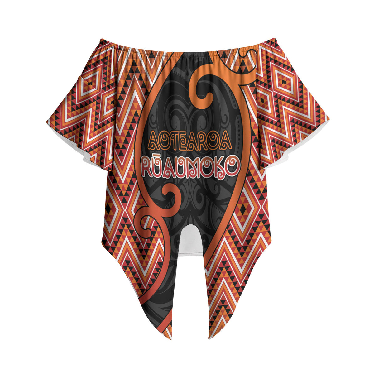 Custom Aotearoa Atua Ruaumoko Off Shoulder Wrap Waist Top God Of Volcanoes Koru Patterns