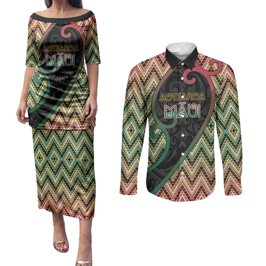 Custom Aotearoa Atua Maui Couples Matching Puletasi and Long Sleeve Button Shirt Demigod Hero And Trickster Koru Patterns