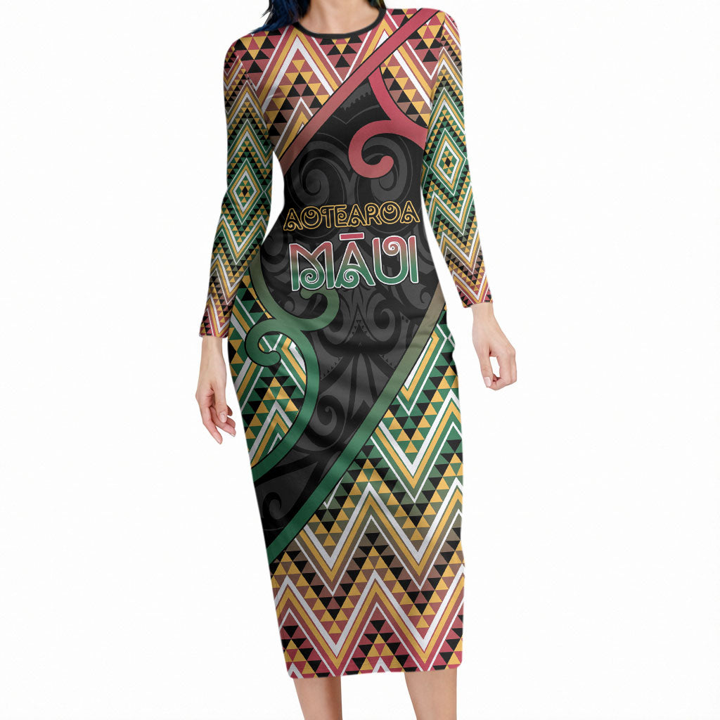 Custom Aotearoa Atua Maui Long Sleeve Bodycon Dress Demigod Hero And Trickster Koru Patterns
