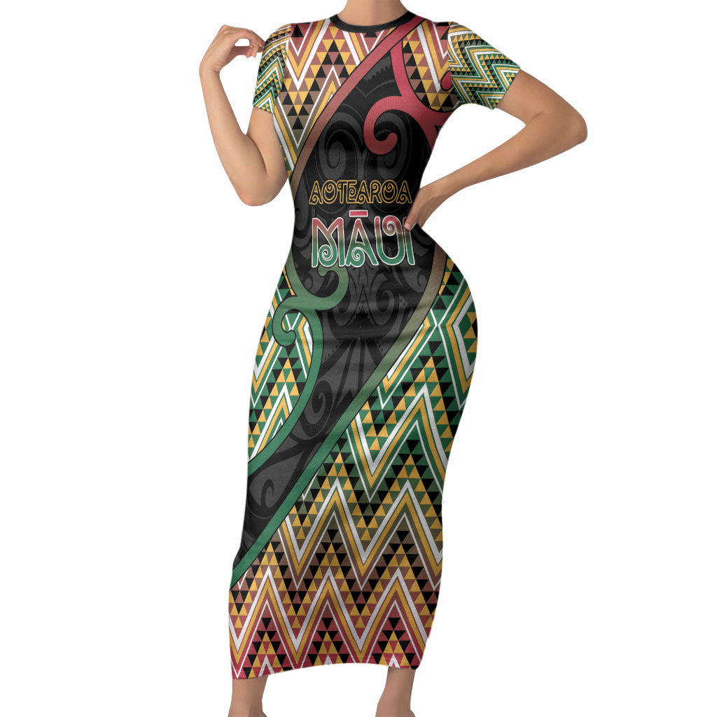 Custom Aotearoa Atua Maui Short Sleeve Bodycon Dress Demigod Hero And Trickster Koru Patterns