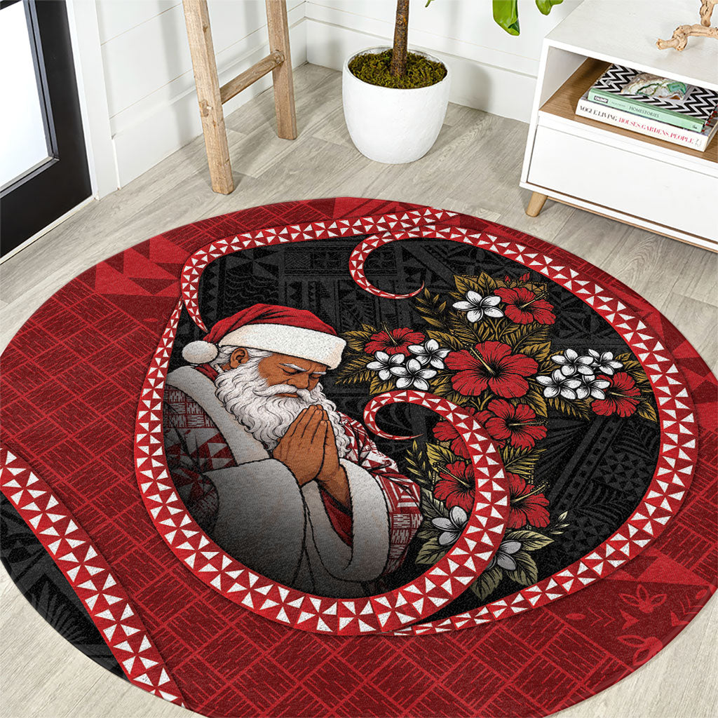 Tonga Kilisimasi Fiefia Round Carpet Praying Santa Hibiscus Cross DT05 Red - Polynesian Pride