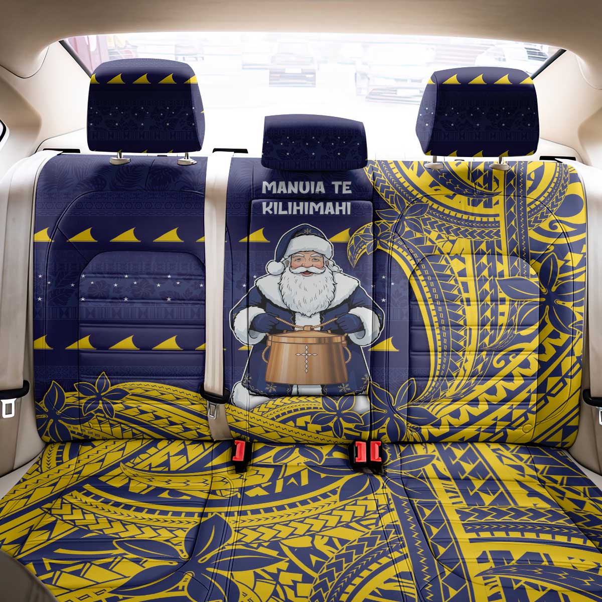 Tokelau Christmas Back Car Seat Cover Santa With Tuluma Xmas Tribal Waves - Polynesian Pride