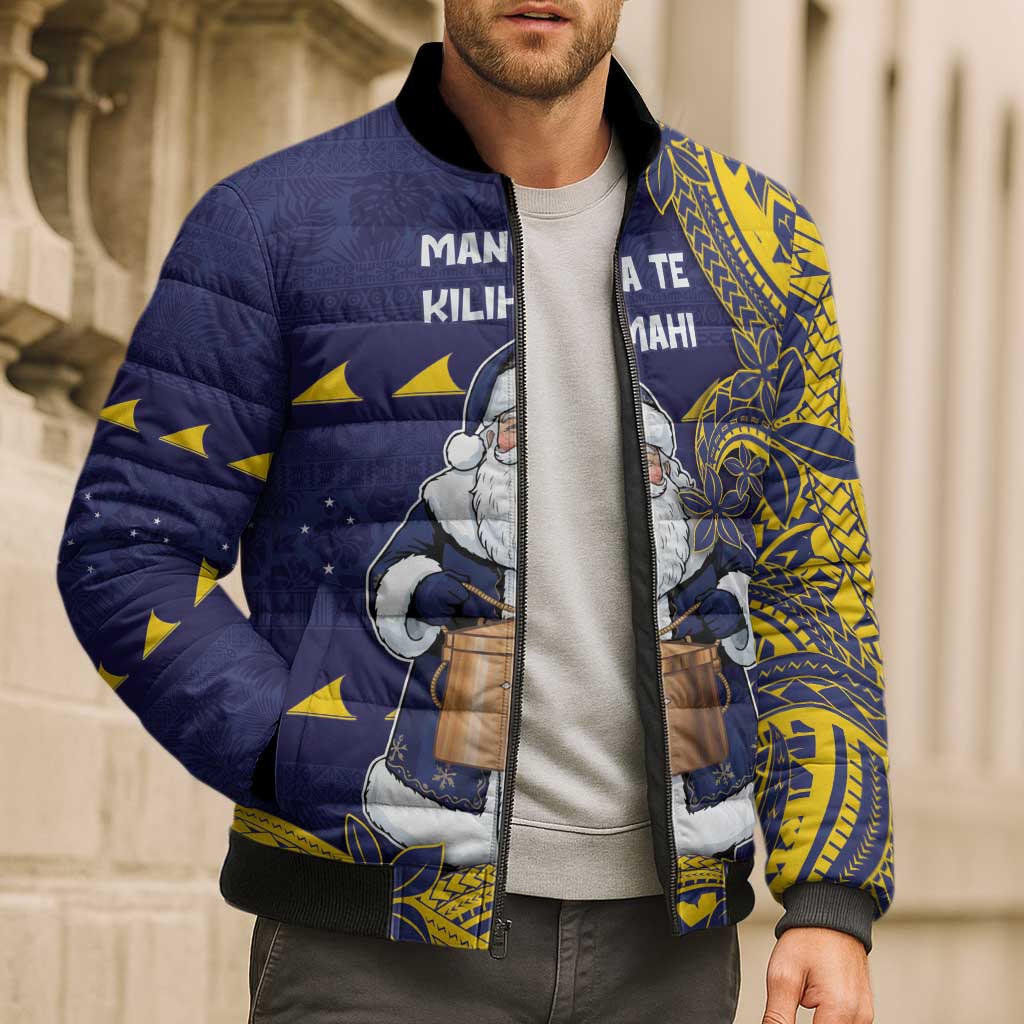 Tokelau Christmas Bomber Puffer Jacket Santa With Tuluma Xmas Tribal Waves - Polynesian Pride