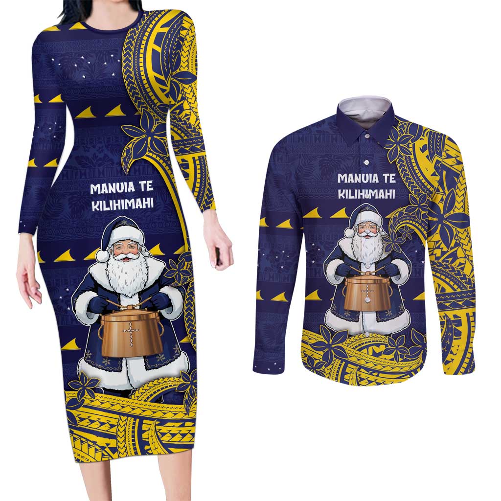 Tokelau Christmas Couples Matching Long Sleeve Bodycon Dress and Long Sleeve Button Shirt Santa With Tuluma Xmas Tribal Waves - Polynesian Pride