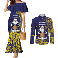 Tokelau Christmas Couples Matching Mermaid Dress and Long Sleeve Button Shirt Santa With Tuluma Xmas Tribal Waves - Polynesian Pride