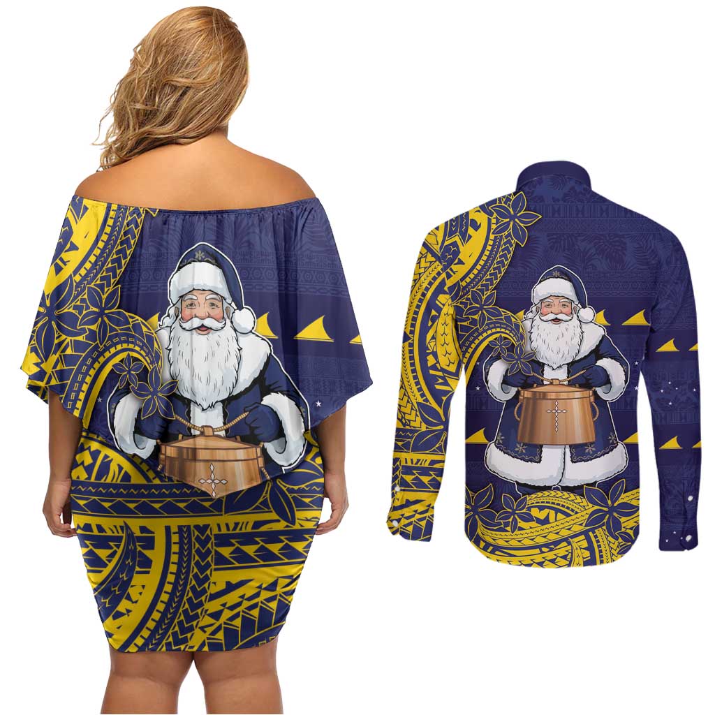Tokelau Christmas Couples Matching Off Shoulder Short Dress and Long Sleeve Button Shirt Santa With Tuluma Xmas Tribal Waves - Polynesian Pride