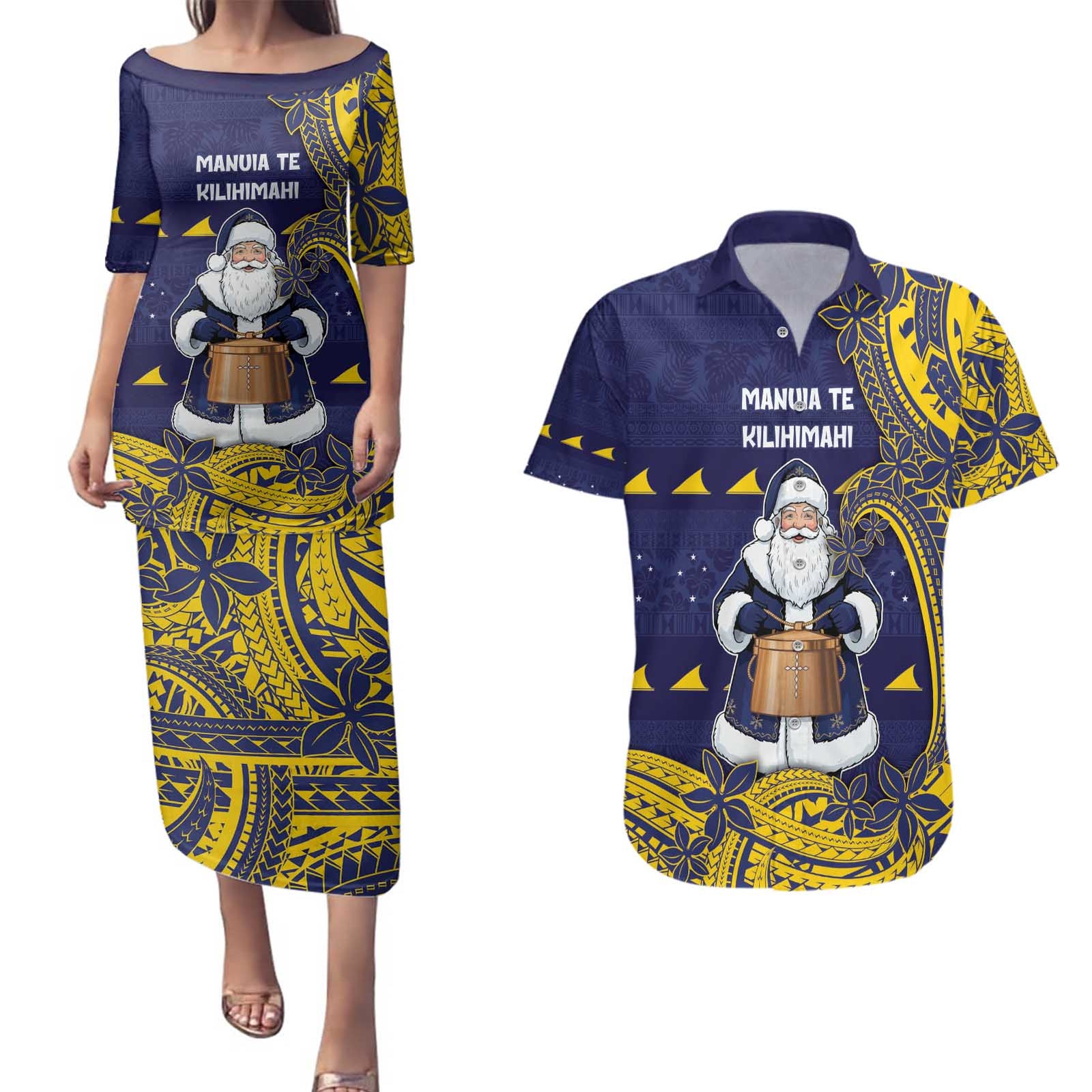 Tokelau Christmas Couples Matching Puletasi and Hawaiian Shirt Santa With Tuluma Xmas Tribal Waves - Polynesian Pride