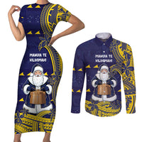Tokelau Christmas Couples Matching Short Sleeve Bodycon Dress and Long Sleeve Button Shirt Santa With Tuluma Xmas Tribal Waves - Polynesian Pride