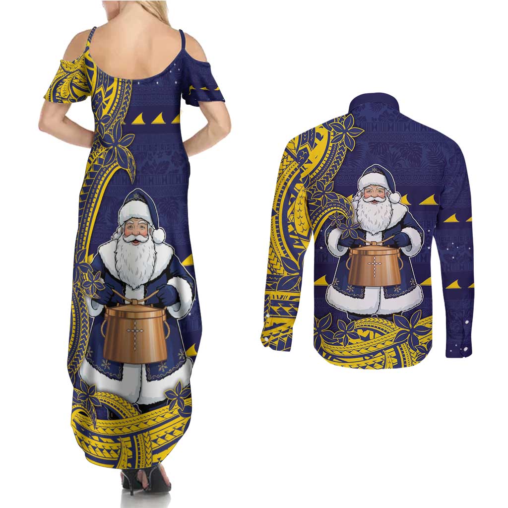 Tokelau Christmas Couples Matching Summer Maxi Dress and Long Sleeve Button Shirt Santa With Tuluma Xmas Tribal Waves - Polynesian Pride