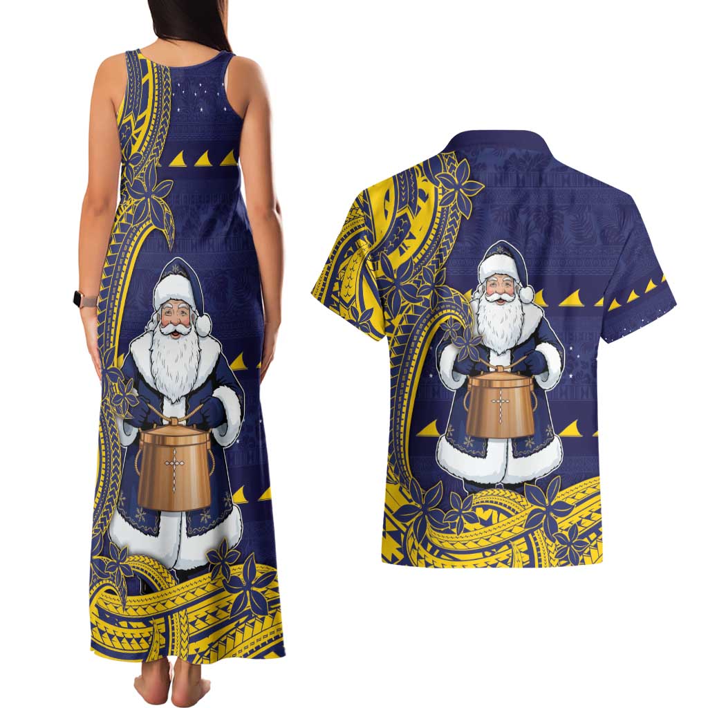 Tokelau Christmas Couples Matching Tank Maxi Dress and Hawaiian Shirt Santa With Tuluma Xmas Tribal Waves - Polynesian Pride