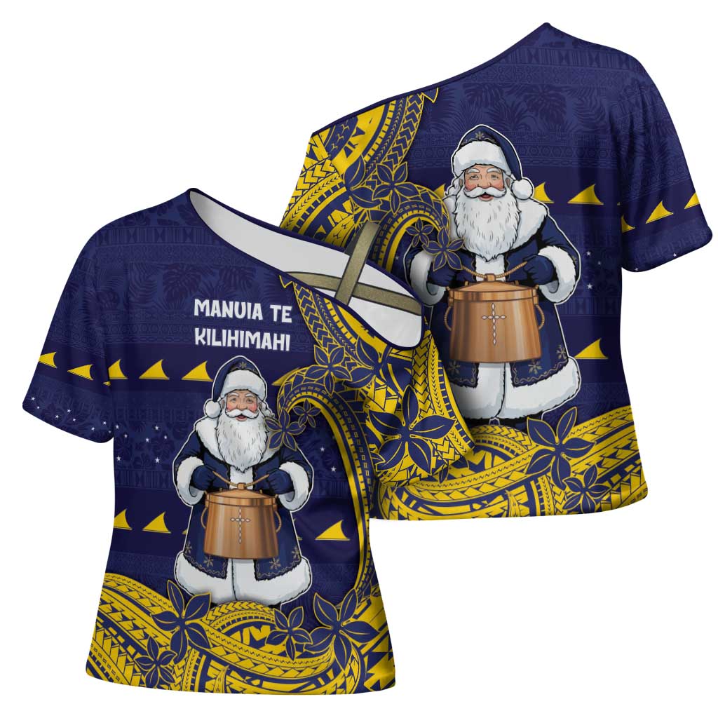 Tokelau Christmas Cross Shoulder Shirt Santa With Tuluma Xmas Tribal Waves - Polynesian Pride