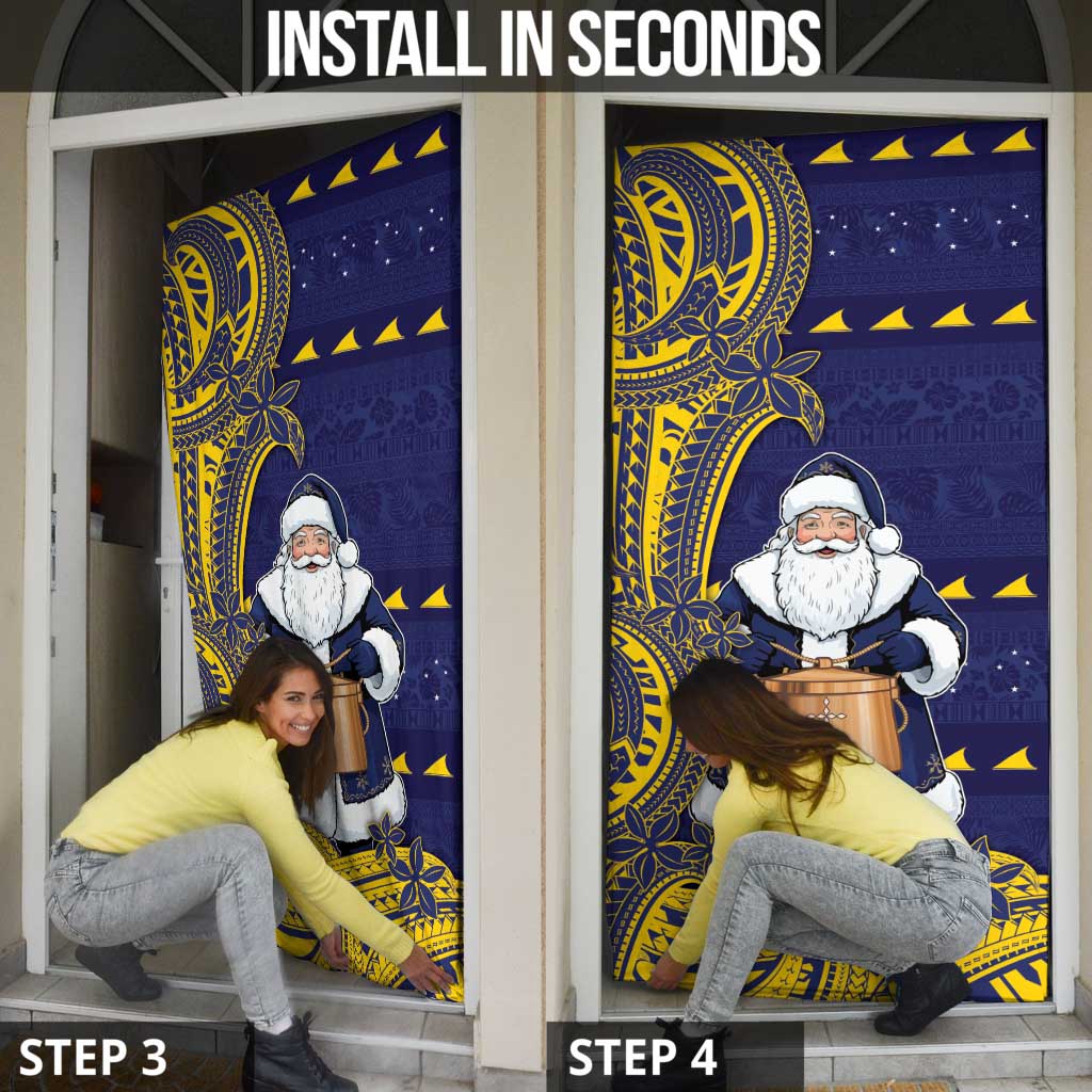 Tokelau Christmas Door Cover Santa With Tuluma Xmas Tribal Waves - Polynesian Pride