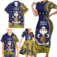 Tokelau Christmas Family Matching Short Sleeve Bodycon Dress and Hawaiian Shirt Santa With Tuluma Xmas Tribal Waves - Polynesian Pride