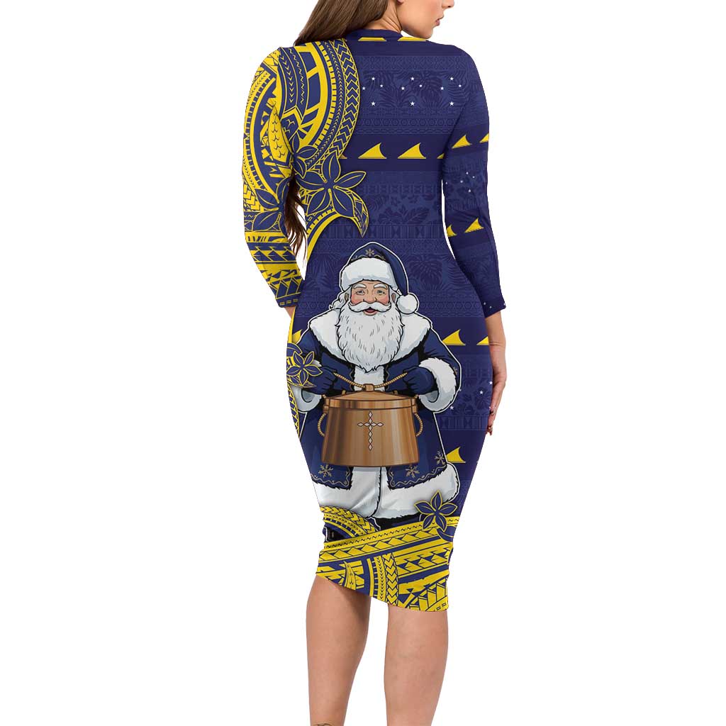 Tokelau Christmas Long Sleeve Bodycon Dress Santa With Tuluma Xmas Tribal Waves - Polynesian Pride