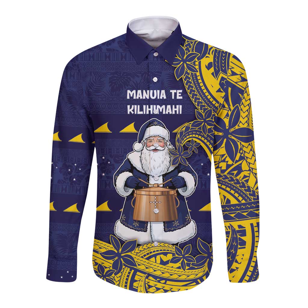 Tokelau Christmas Long Sleeve Button Shirt Santa With Tuluma Xmas Tribal Waves - Polynesian Pride