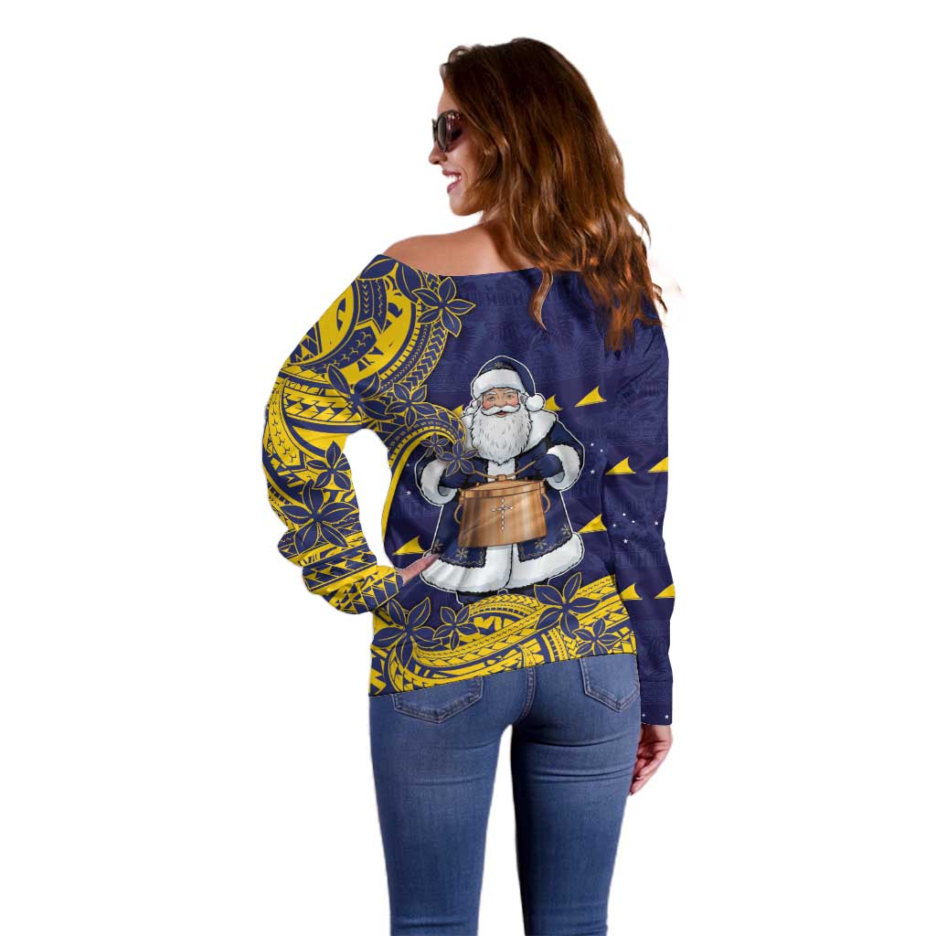 Tokelau Christmas Off Shoulder Sweater Santa With Tuluma Xmas Tribal Waves - Polynesian Pride