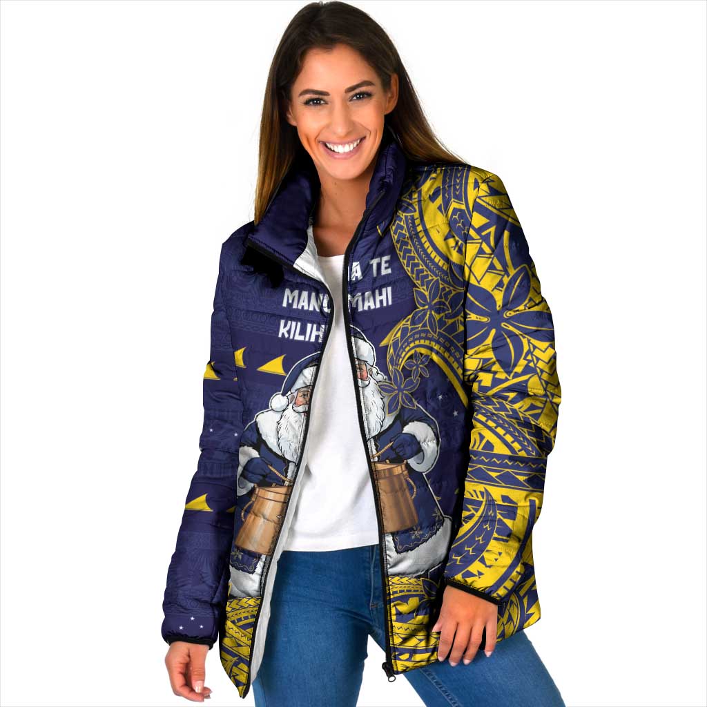 Tokelau Christmas Padded Jacket Santa With Tuluma Xmas Tribal Waves - Polynesian Pride