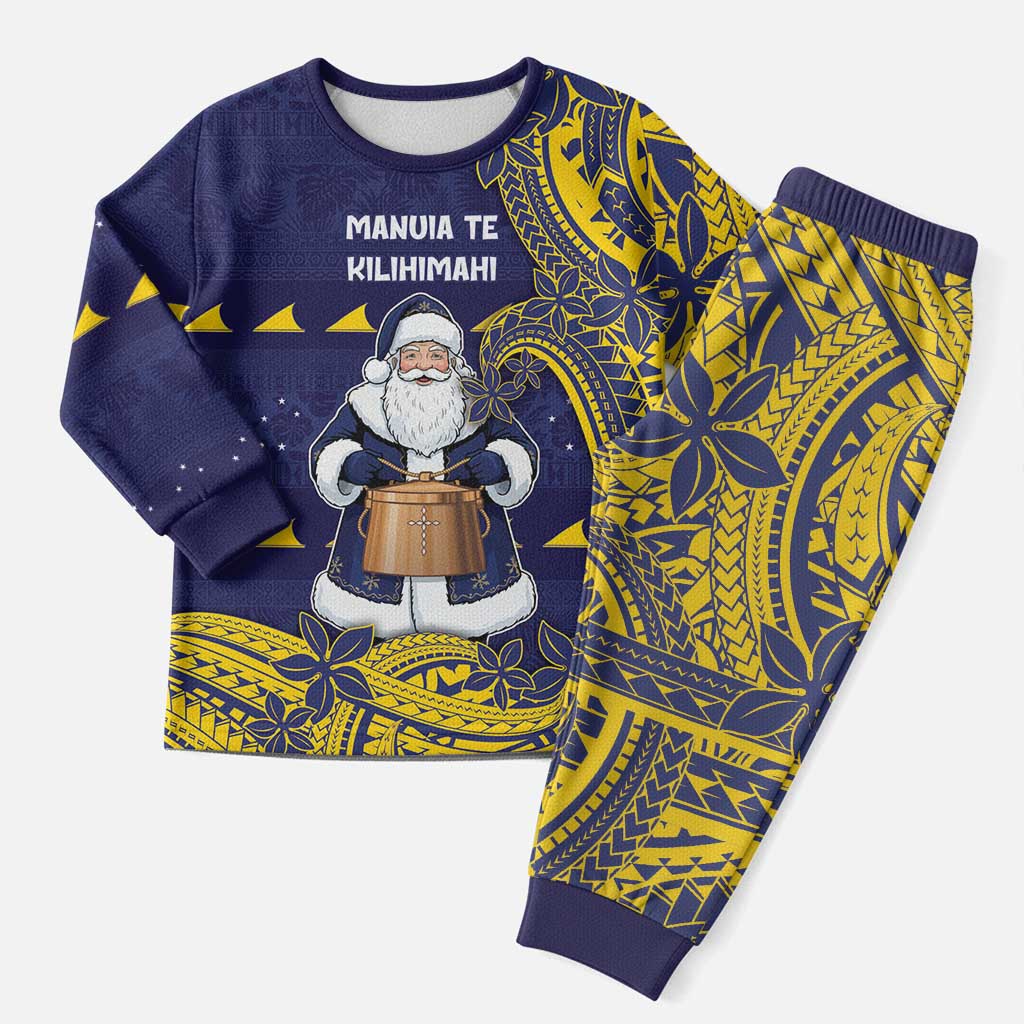 Tokelau Christmas Pajama Set Santa With Tuluma Xmas Tribal Waves - Polynesian Pride