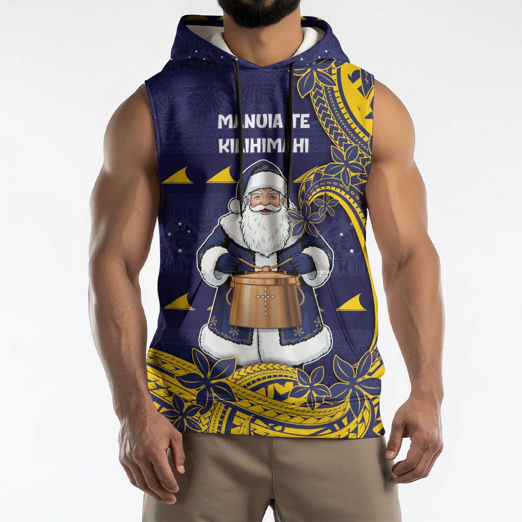 Tokelau Christmas Sleeveless Hoodie Santa With Tuluma Xmas Tribal Waves - Polynesian Pride