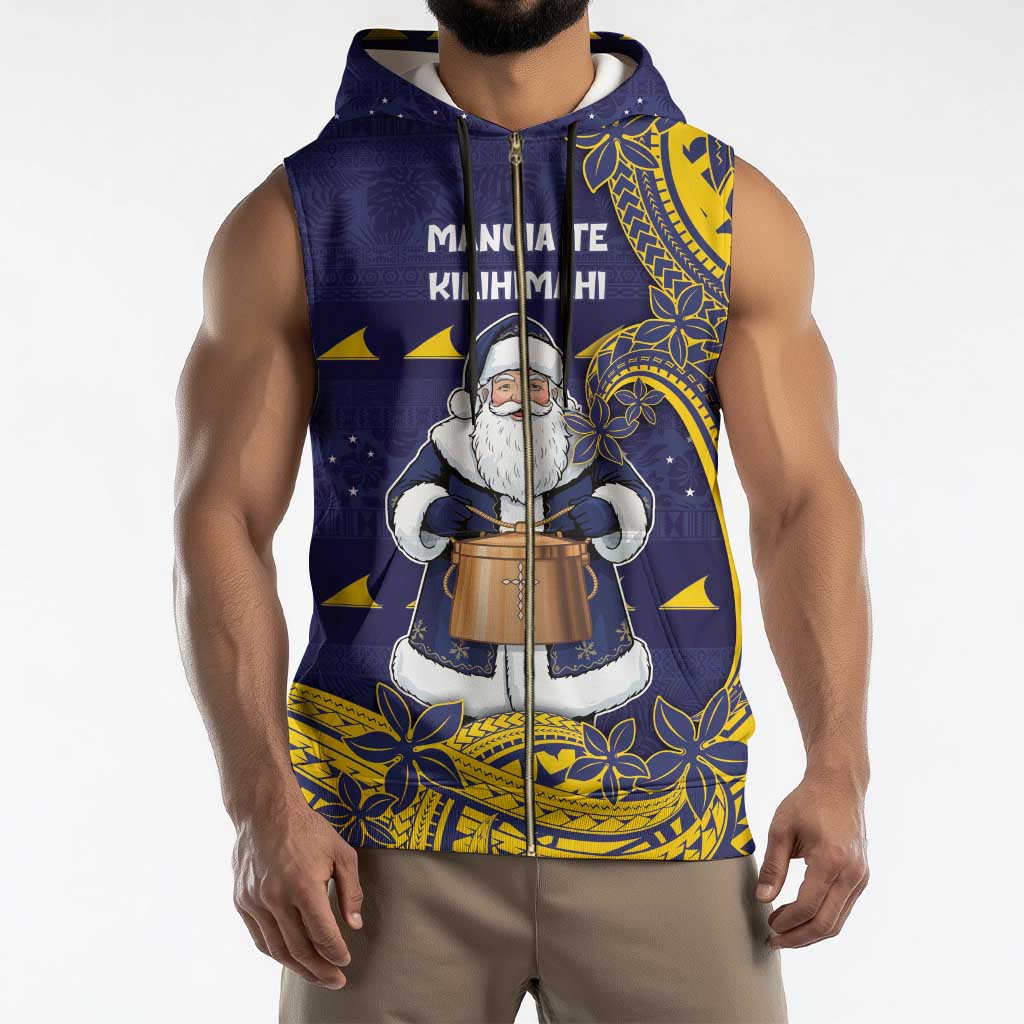 Tokelau Christmas Sleeveless Zip Hoodie Santa With Tuluma Xmas Tribal Waves - Polynesian Pride