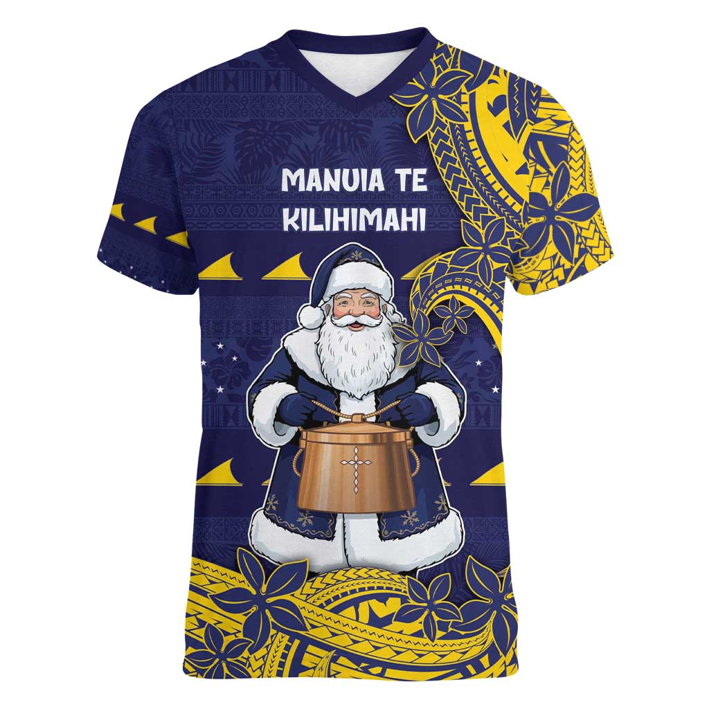 Tokelau Christmas Women V-Neck T-Shirt Santa With Tuluma Xmas Tribal Waves - Polynesian Pride