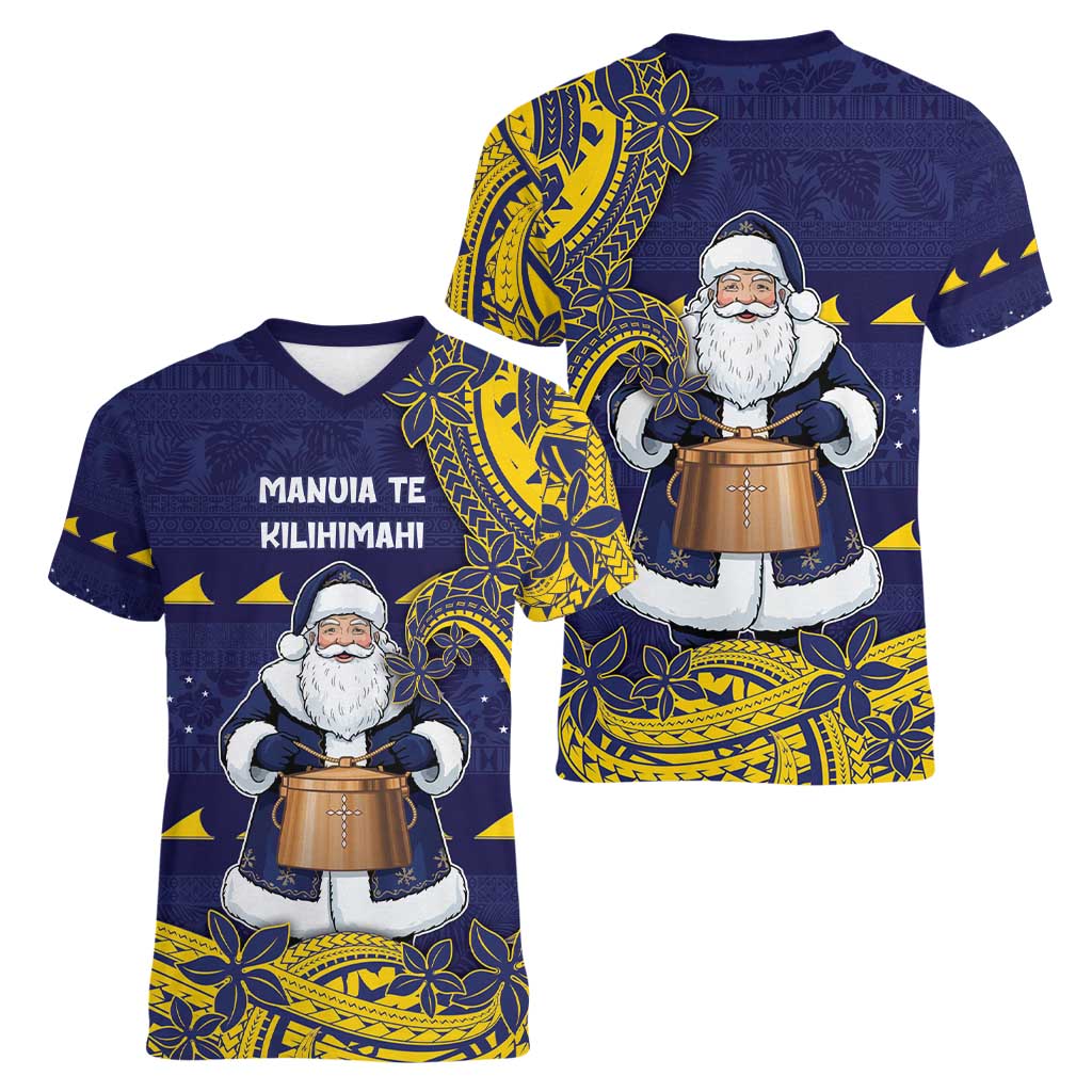 Tokelau Christmas Women V-Neck T-Shirt Santa With Tuluma Xmas Tribal Waves - Polynesian Pride