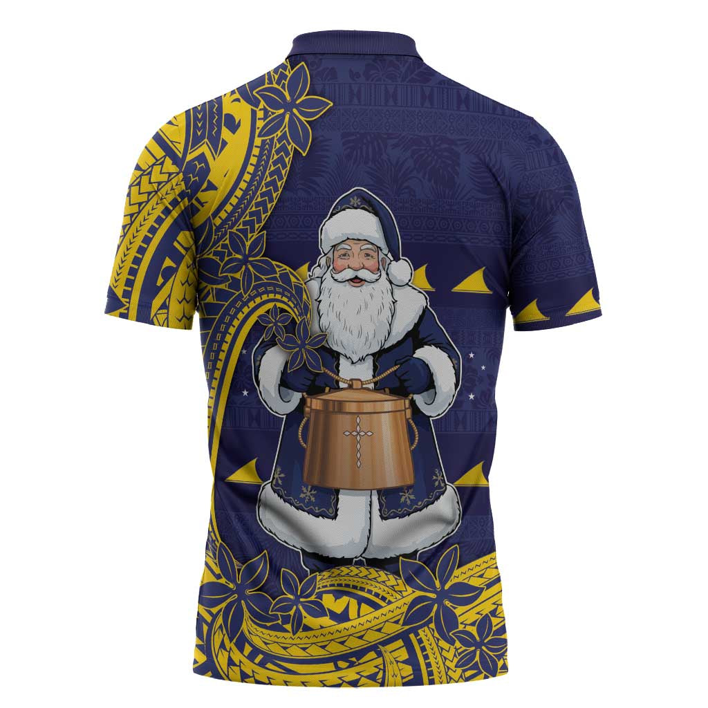 Tokelau Christmas Zipper Polo Shirt Santa With Tuluma Xmas Tribal Waves - Polynesian Pride