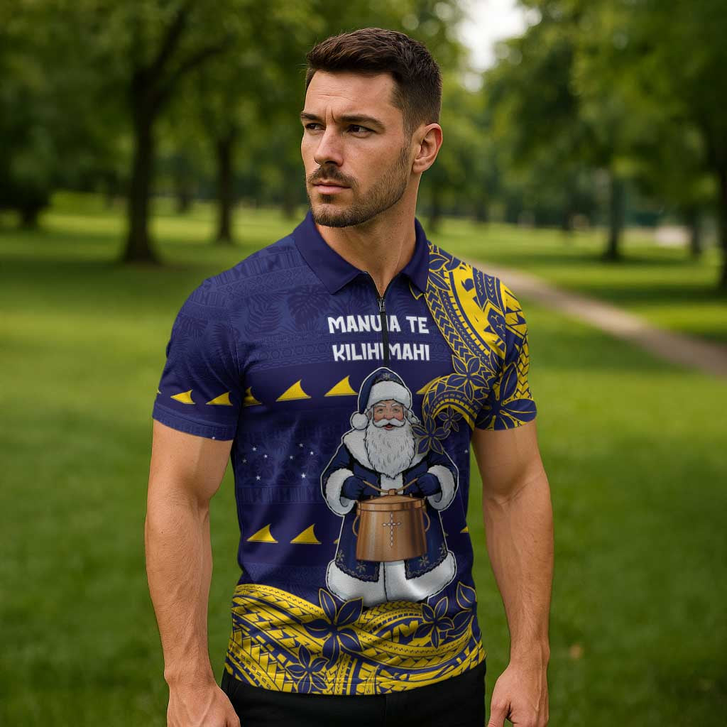 Tokelau Christmas Zipper Polo Shirt Santa With Tuluma Xmas Tribal Waves - Polynesian Pride