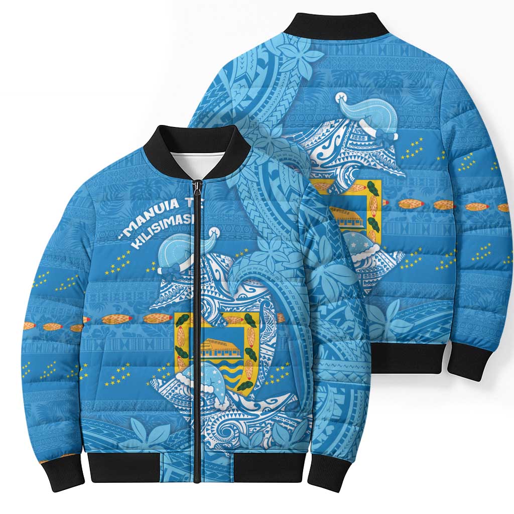 Tuvalu Christmas Bomber Puffer Jacket Dolphins Santa Xmas Tribal Waves - Polynesian Pride