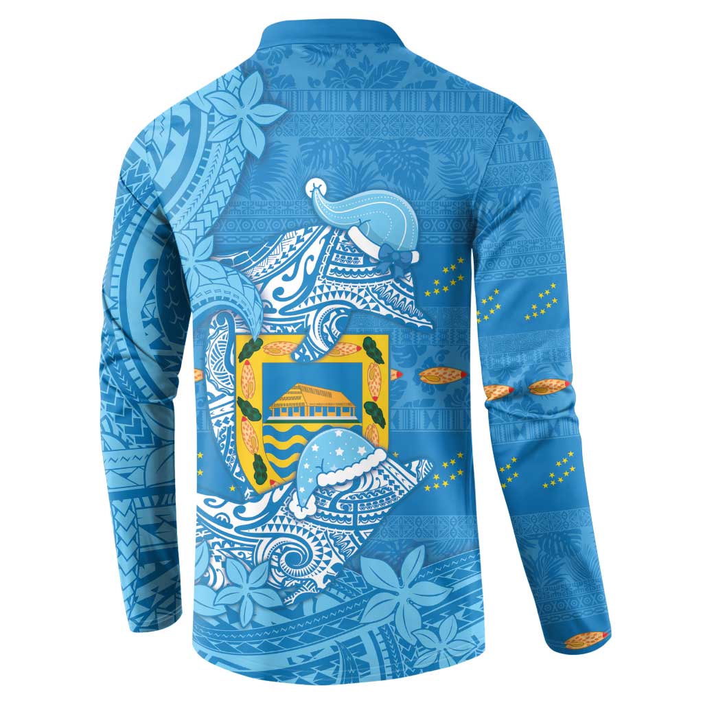 Tuvalu Christmas Button Sweatshirt Dolphins Santa Xmas Tribal Waves - Polynesian Pride