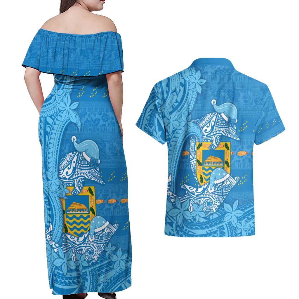 Tuvalu Christmas Couples Matching Off Shoulder Maxi Dress and Hawaiian Shirt Dolphins Santa Xmas Tribal Waves - Polynesian Pride