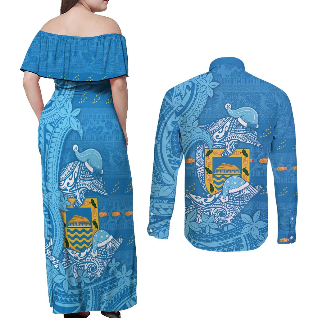 Tuvalu Christmas Couples Matching Off Shoulder Maxi Dress and Long Sleeve Button Shirt Dolphins Santa Xmas Tribal Waves - Polynesian Pride