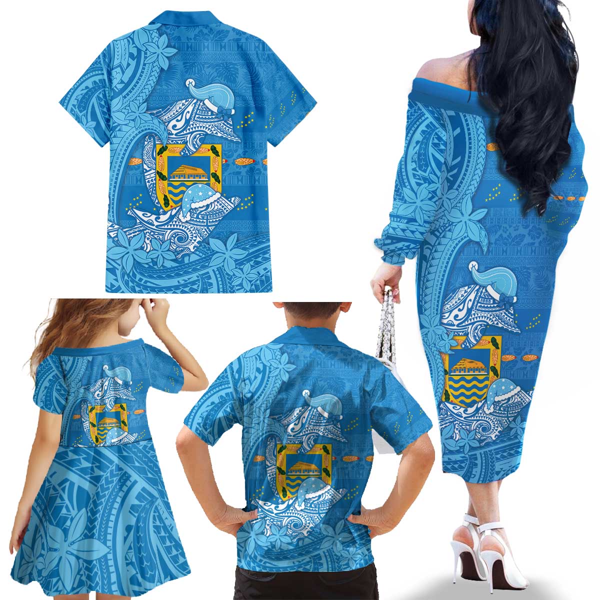 Tuvalu Christmas Family Matching Off The Shoulder Long Sleeve Dress and Hawaiian Shirt Dolphins Santa Xmas Tribal Waves - Polynesian Pride