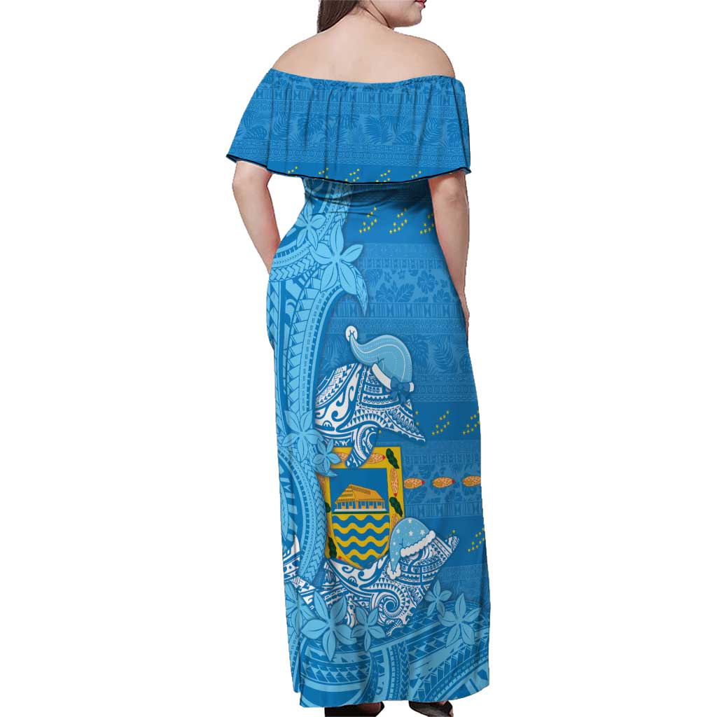 Tuvalu Christmas Family Matching Off Shoulder Maxi Dress and Hawaiian Shirt Dolphins Santa Xmas Tribal Waves - Polynesian Pride