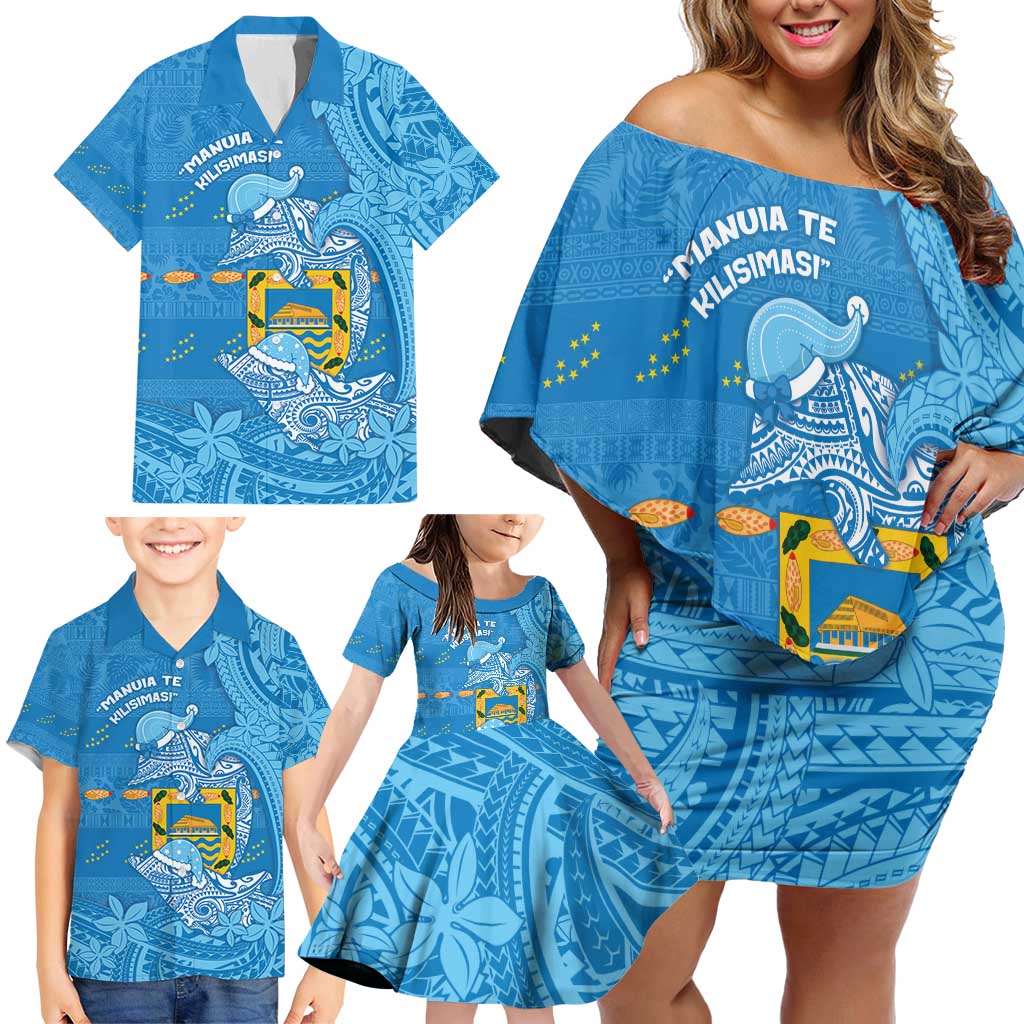 Tuvalu Christmas Family Matching Off Shoulder Short Dress and Hawaiian Shirt Dolphins Santa Xmas Tribal Waves - Polynesian Pride