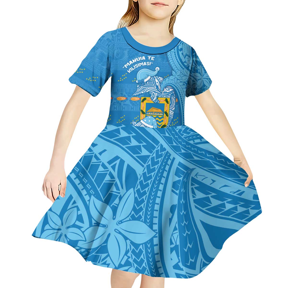 Tuvalu Christmas Kid Short Sleeve Dress Dolphins Santa Xmas Tribal Waves - Polynesian Pride