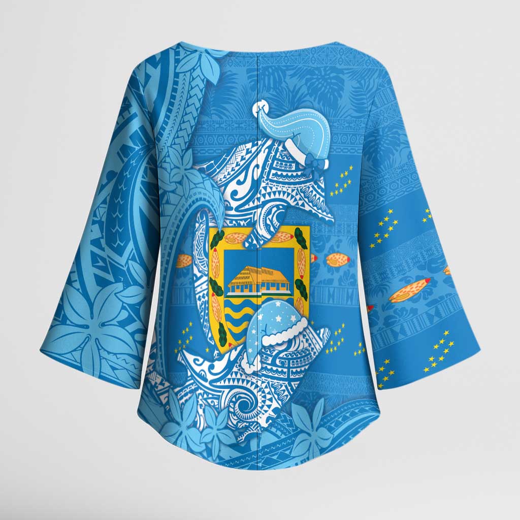 Tuvalu Christmas Kimono Sleeve Blouse Dolphins Santa Xmas Tribal Waves - Polynesian Pride
